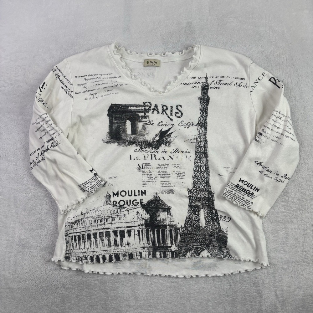 VTG Y2K Cactus Paris Graphic Long Sleeve White Top Women's XL Stains